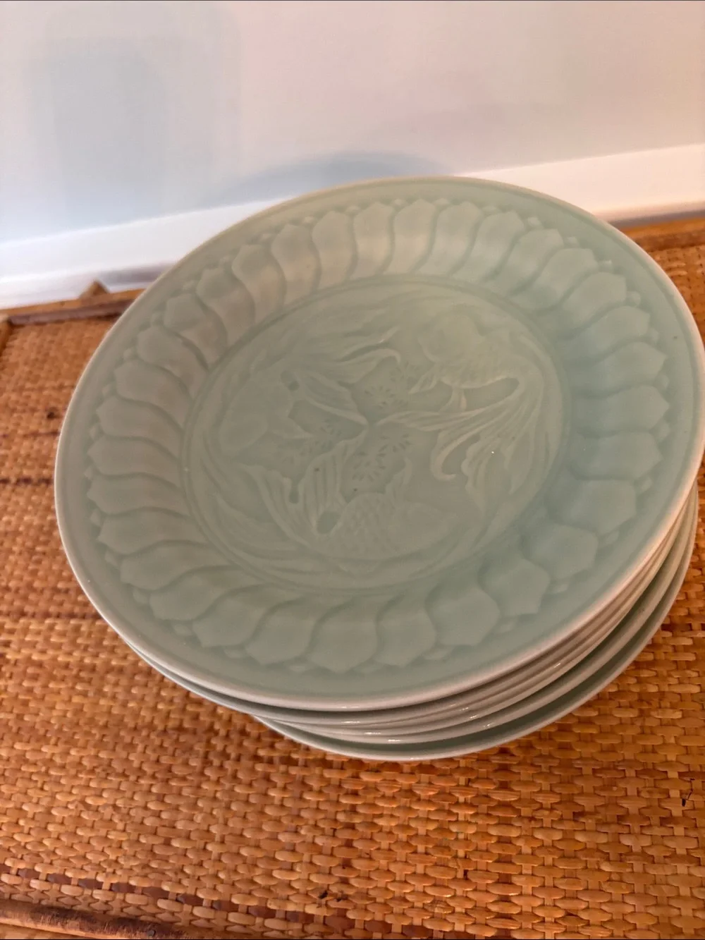 Vintage Celadon Green Embossed Ceramic Shallow Bowls w Koi Design - Set of 6